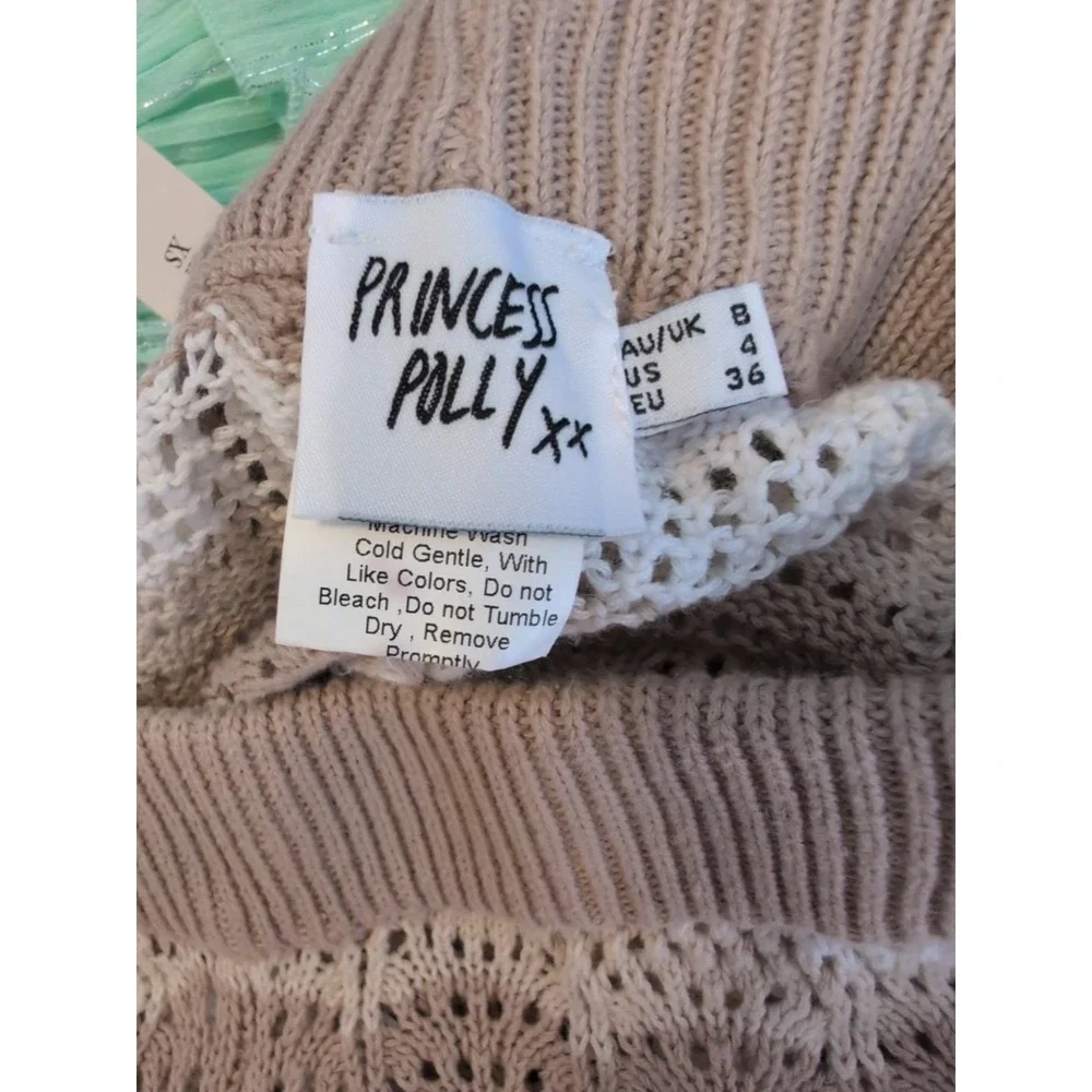 Princess Polly Women's 4 Shorts Leah Beige Scallop Striped‎ Crochet Sheer
